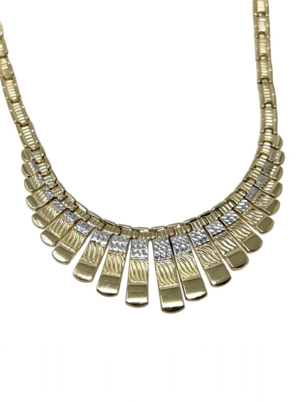 Solid 14K yellow & white gold Egyptian revival fringe bib necklace, vintage